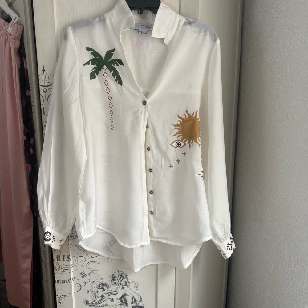 Excellent Preowned Condition Never Fully Dressed Miley Sheer Button Down Blouse